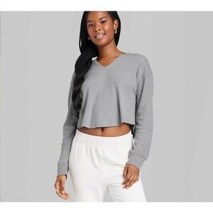 Women's Long Sleeve V-Neck Waffle Boxy T-Shirt - Wild Fable M Grey